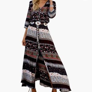 Women's Summer Spaghetti Straps V Neck Floral Print Button Down Boho Midi Dress